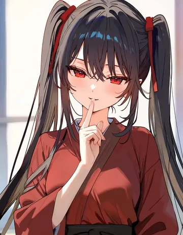 穿红衣双马尾的少女竖起手指做嘘声动作，神情安静