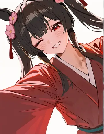 戴粉色花朵发饰的红衣少女笑着向你伸出手