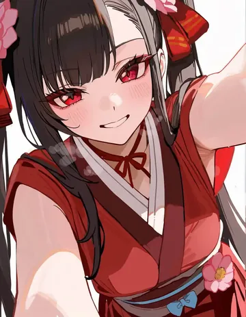 红衣少女侧头微笑，眼神灵动地看着镜头