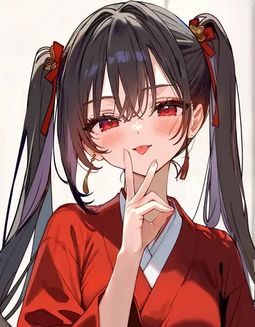 双马尾红衣少女托腮微笑，温柔注视前方